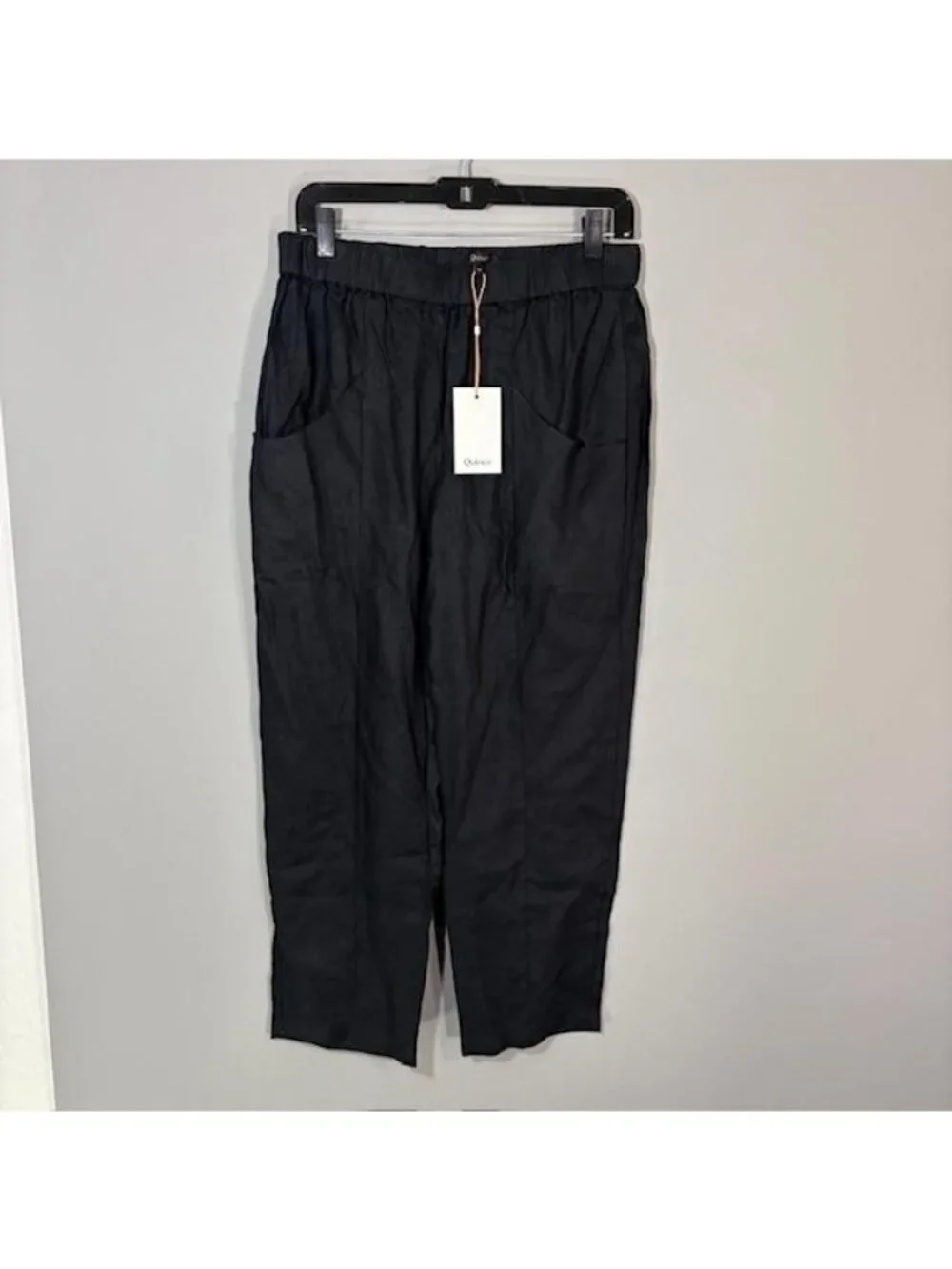 Quince Pants Womens M Black Linen Tapered Ankle Pull On Elastic Waist Pockets